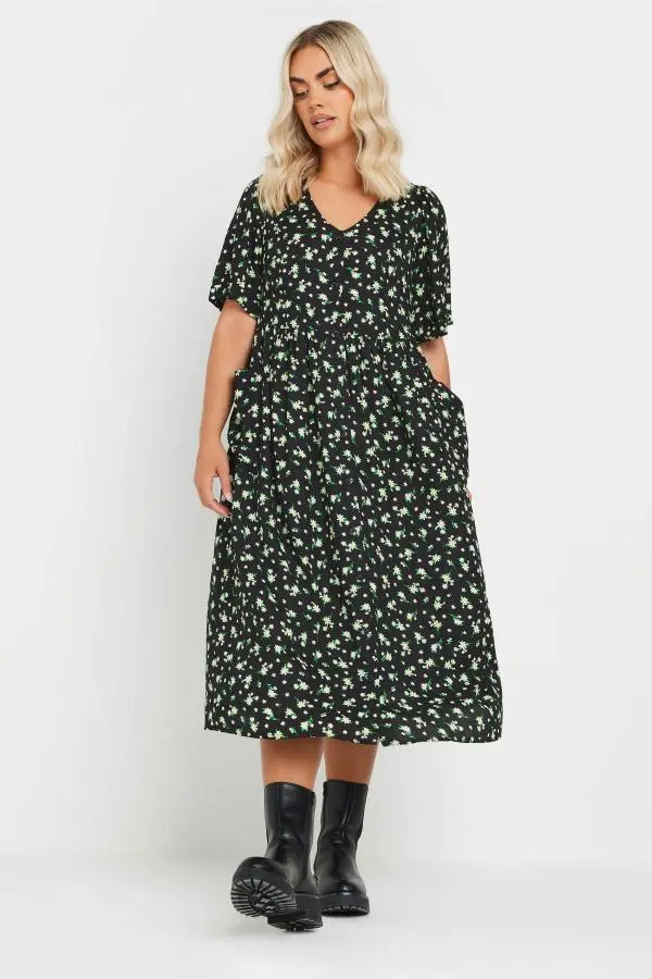 Yours Curve Black Daisy Print Smock Midaxi Dress, Women's Curve & Plus Size, Yours