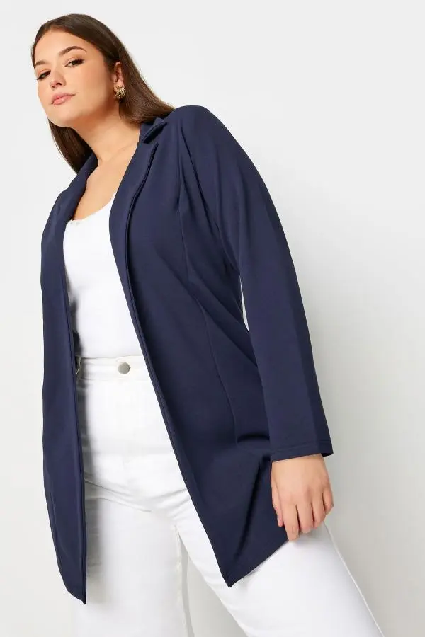 Yours Curve Navy Blue Longline Blazer, Women's Curve & Plus Size, Yours