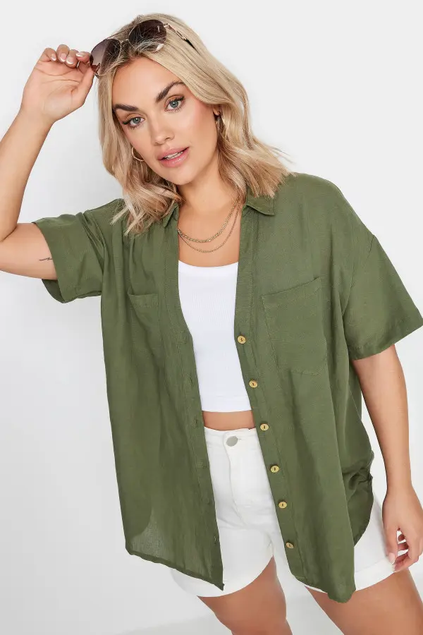 Yours Curve Khaki Green Linen Shirt, Women's Curve & Plus Size, Yours