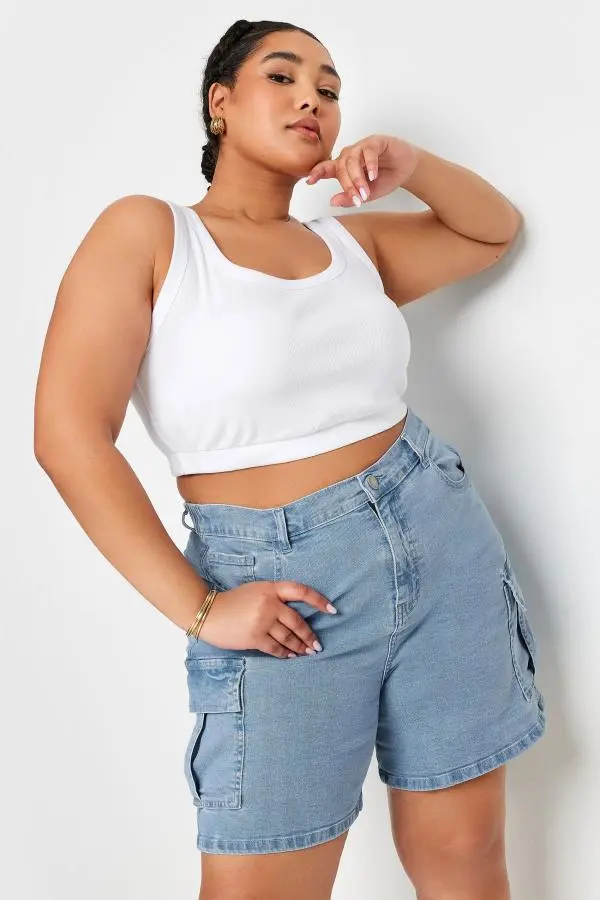 Yours Curve Light Blue Stretch Denim Cargo Shorts, Women's Curve & Plus Size, Yours