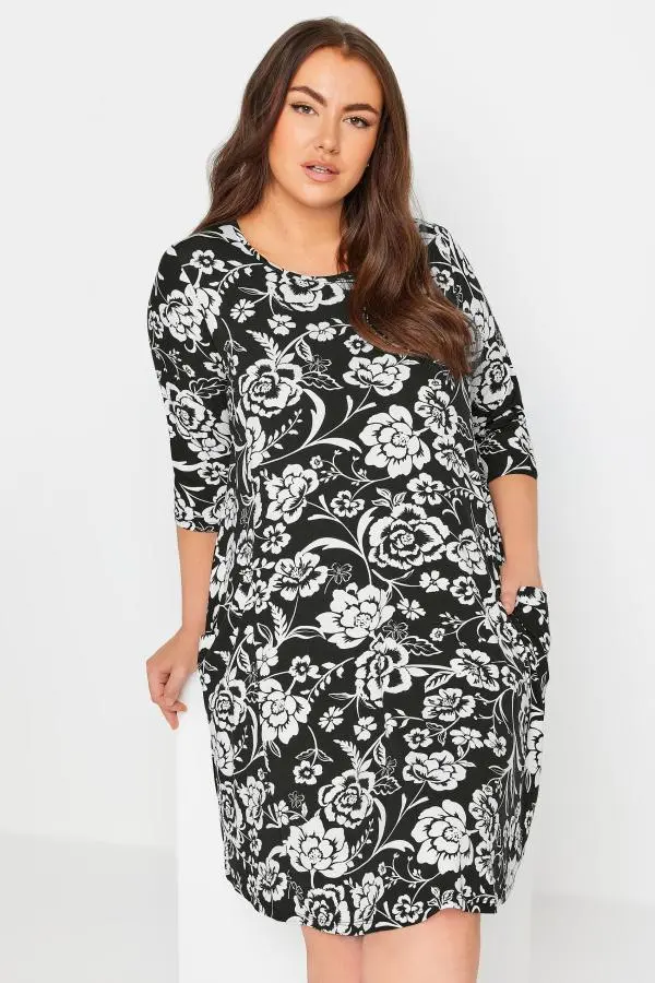 Yours Curve Black & White Floral Print Pocket Dress, Women's Curve & Plus Size, Yours