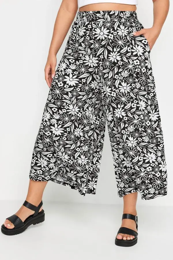 Yours Curve Black & White Floral Print Midaxi Culottes, Women's Curve & Plus Size, Yours