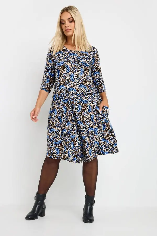 Yours Curve Blue Abstract Print Pocket Dress, Women's Curve & Plus Size, Yours