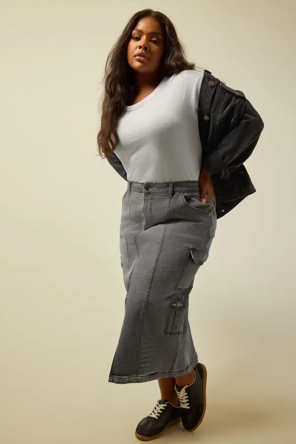 Yours Curve Grey Zip Pocket Denim Midaxi Skirt, Women's Curve & Plus Size, Yours