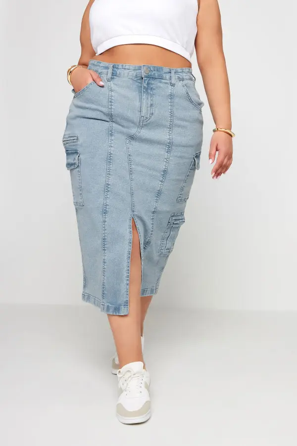 Yours Curve Light Blue Zip Pocket Denim Midaxi Skirt, Women's Curve & Plus Size, Yours