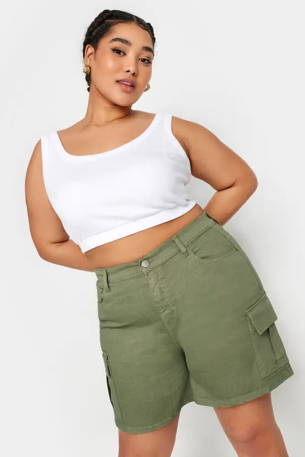 Yours Curve Khaki Green Stretch Denim Cargo Shorts, Women's Curve & Plus Size, Yours