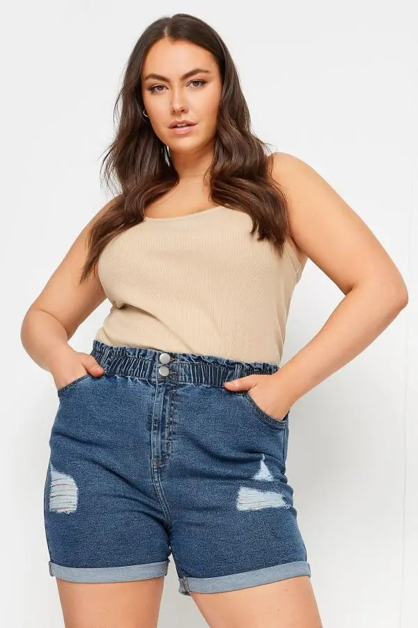 Yours Curve Mid Wash Blue Ripped Stretch Denim Shorts, Women's Curve & Plus Size, Yours