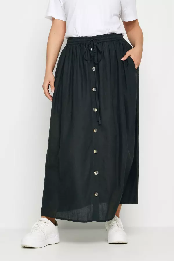 Yours Curve Black Button Front Chambray Maxi Skirt, Women's Curve & Plus Size, Yours
