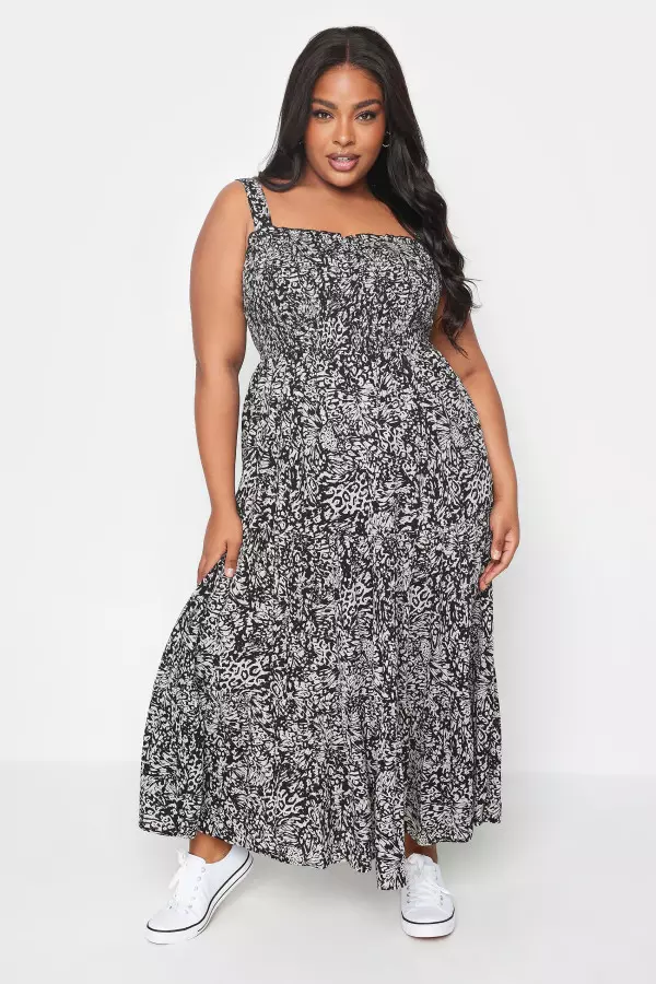 Yours Curve Black Abstract Print Shirred Maxi Dress, Women's Curve & Plus Size, Yours