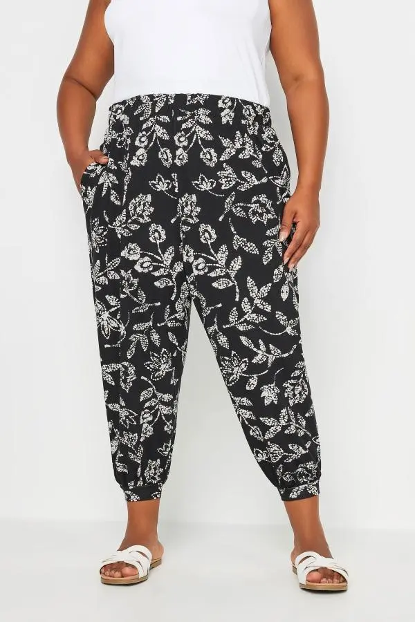 Yours Curve Black Vine Print Cropped Harem Trousers, Women's Curve & Plus Size, Yours