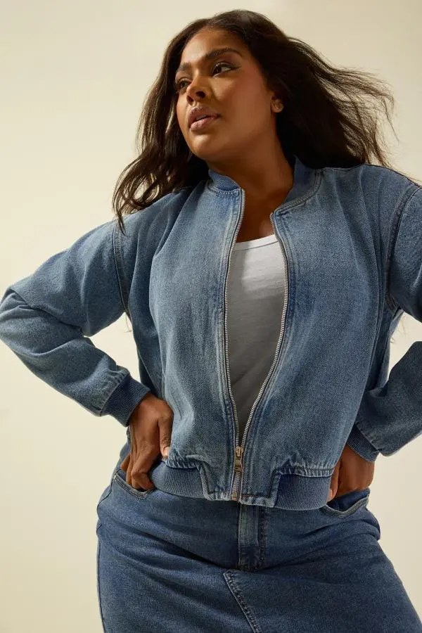 Yours Curve Blue Denim Bomber Jacket, Women's Curve & Plus Size, Yours