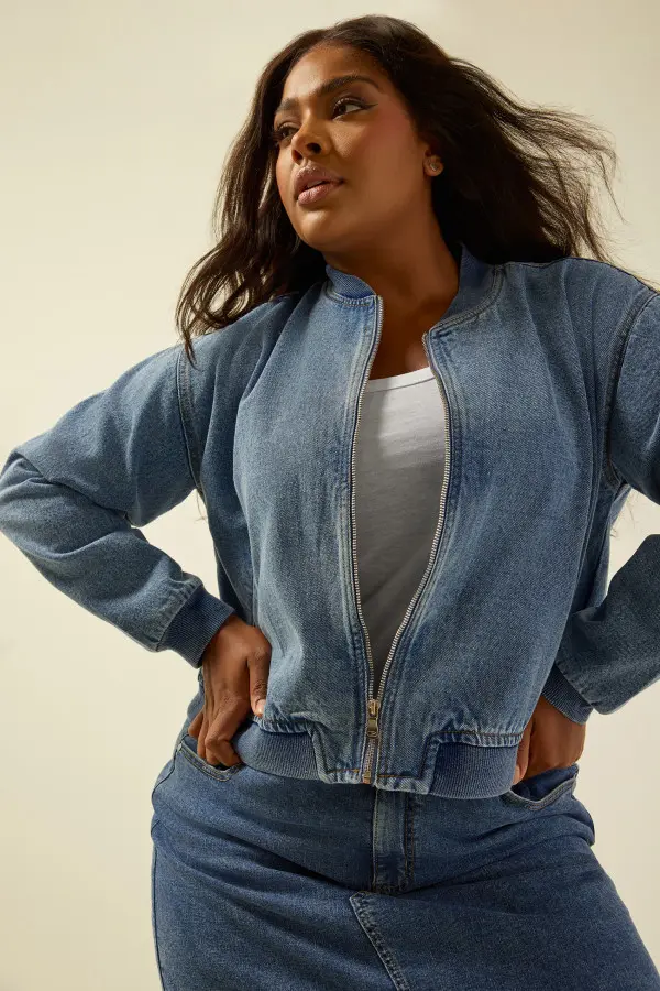 Yours Curve Blue Denim Bomber Jacket, Women's Curve & Plus Size, Yours