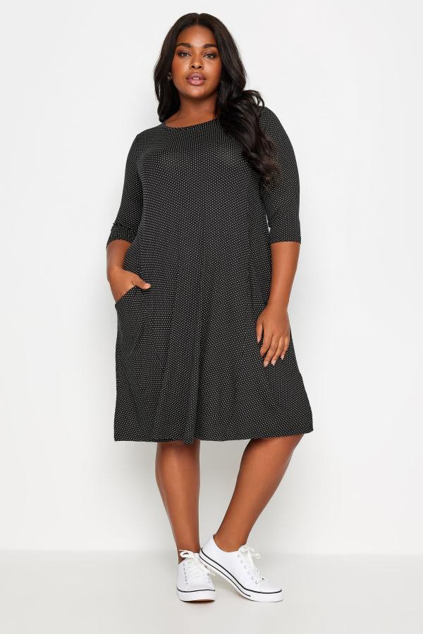 Yours Curve Black Polka Dot Pocket Dress, Women's Curve & Plus Size, Yours