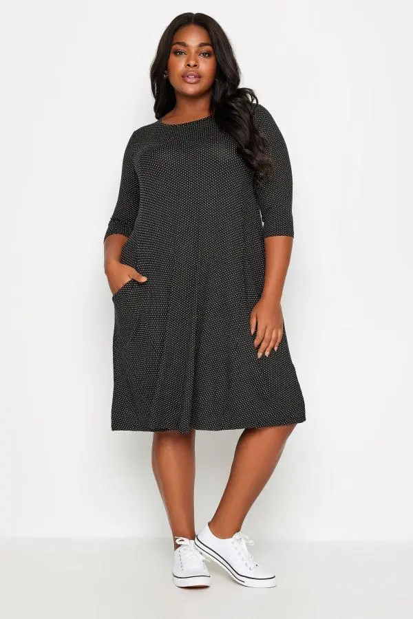 Yours Curve Black Polka Dot Pocket Dress, Women's Curve & Plus Size, Yours