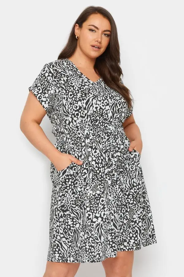 Yours Curve Black & White Animal Print Cotton Tshirt Dress, Women's Curve & Plus Size, Yours