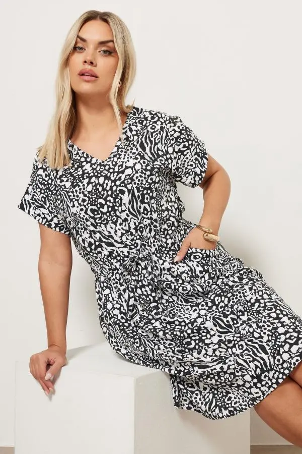 Yours Curve Black & White Animal Print Cotton Tshirt Dress, Women's Curve & Plus Size, Yours