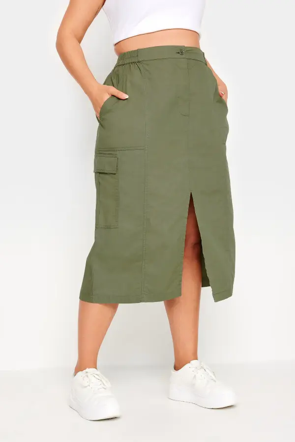 Yours Curve Khaki Green Split Hem Cargo Midi Skirt, Women's Curve & Plus Size, Yours