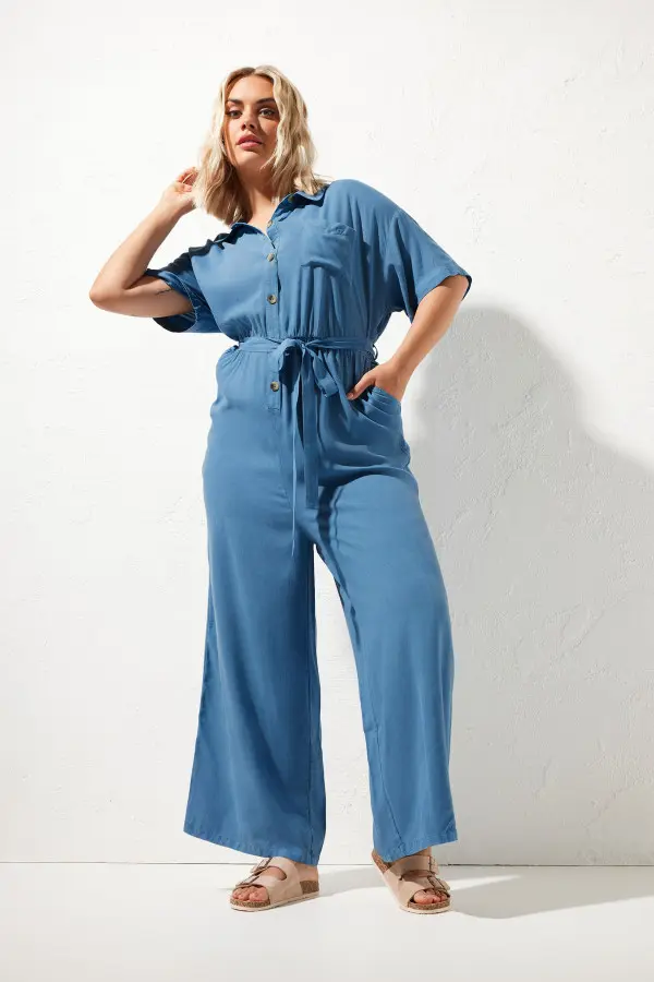 Limited Collection Curve Blue Chambray Wide Leg Jumpsuit, Women's Curve & Plus Size, Yours