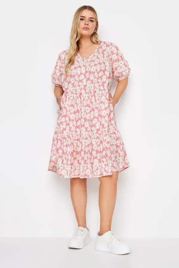 Yours Curve Pink Floral Print Tiered Dress, Women's Curve & Plus Size, Yours