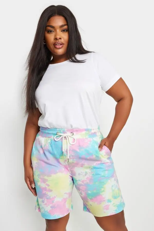 Yours Curve Pink & Blue Tie Dye Jogger Shorts, Women's Curve & Plus Size, Yours