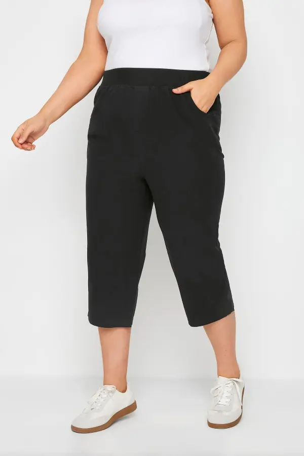 Yours Curve Black Elasticated Cool Cotton Cropped Trousers, Women's Curve & Plus Size, Yours