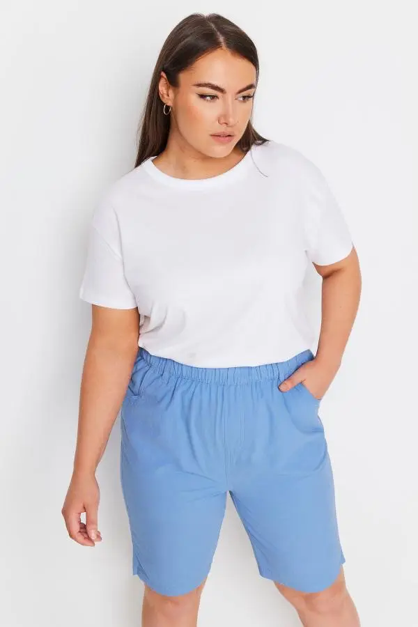 Yours Curve Light Blue Elasticated Cool Cotton Shorts, Women's Curve & Plus Size, Yours