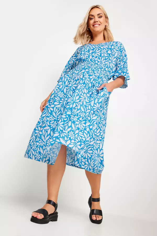Yours Curve Blue Floral Print Linen Midaxi Dress, Women's Curve & Plus Size, Yours
