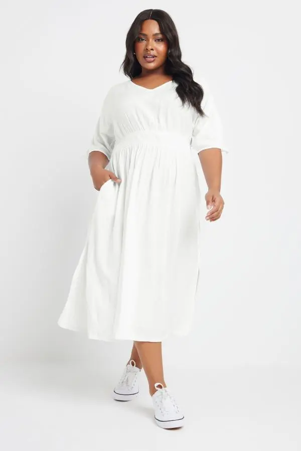 Yours Curve White Linen Shirred Midaxi Dress, Women's Curve & Plus Size, Yours