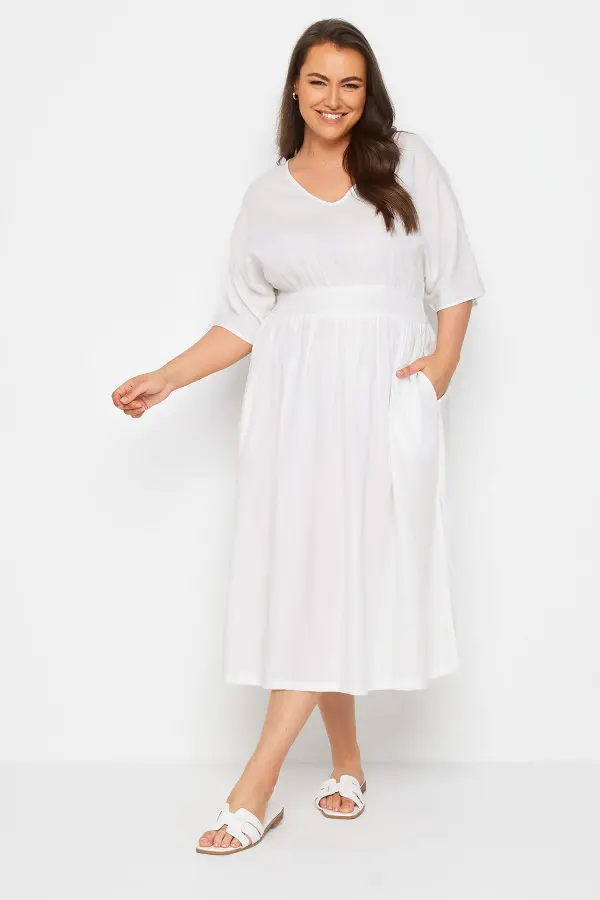 Yours Curve White Linen Shirred Midaxi Dress, Women's Curve & Plus Size, Yours