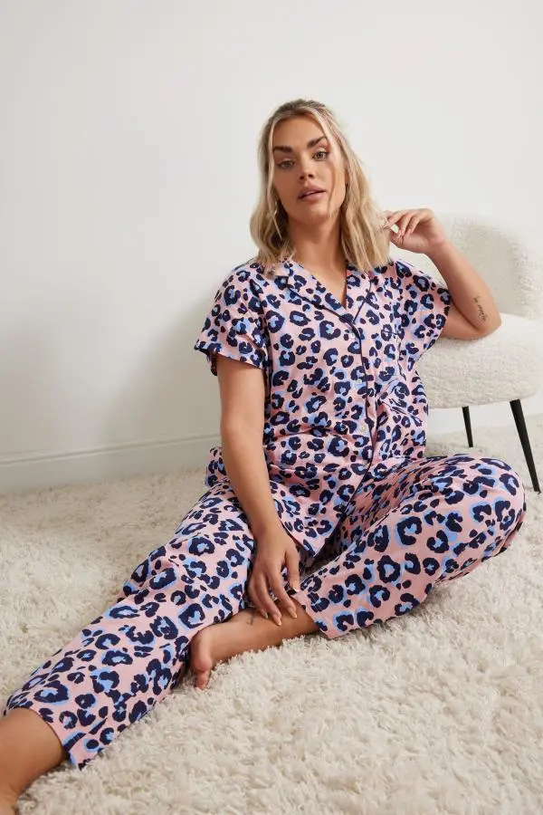 Yours Curve Pink Leopard Print Button Through Pyjama Set