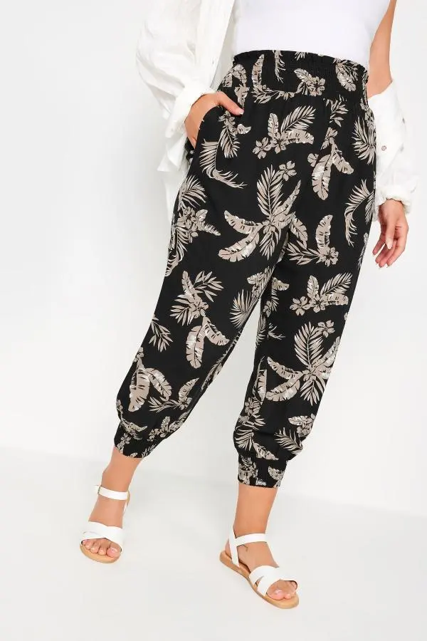 Yours Curve Black Leaf Print Shirred Harem Trousers, Women's Curve & Plus Size, Yours