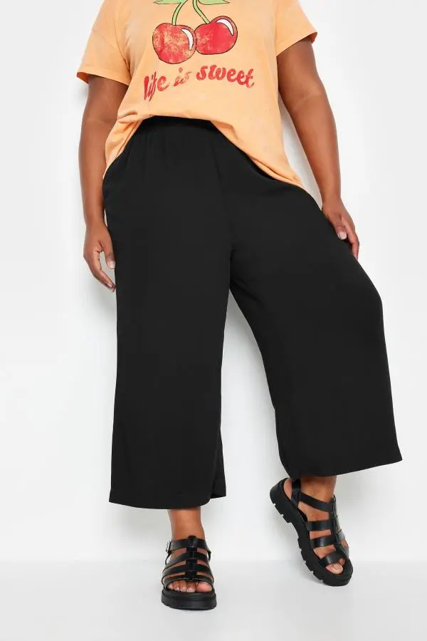 Yours Curve Black Wide Leg Cropped Trousers, Women's Curve & Plus Size, Yours