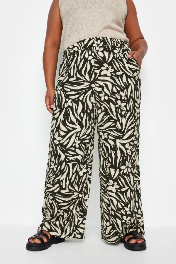 Yours Curve Black Floral Print Wide Leg Trousers, Women's Curve & Plus Size, Yours