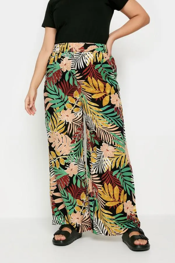 Yours Curve Black Tropical Print Wide Leg Trousers, Women's Curve & Plus Size, Yours