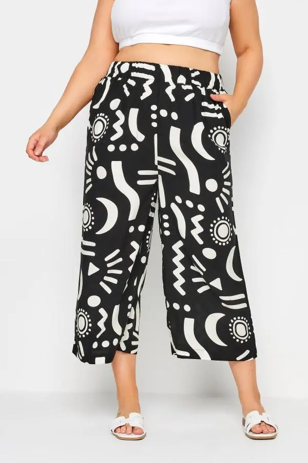 Yours Curve Black Abstract Print Wide Leg Cropped Trousers, Women's Curve & Plus Size, Yours