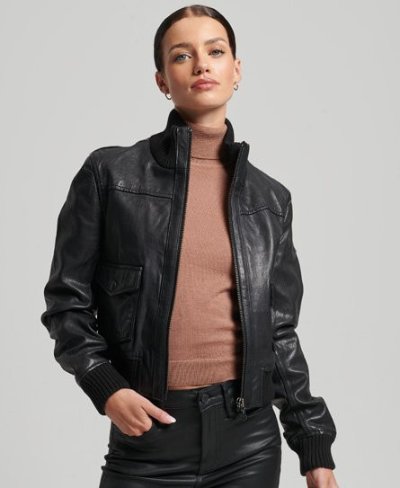 Superdry Women's Knit Collar Leather Bomber Jacket Black - 